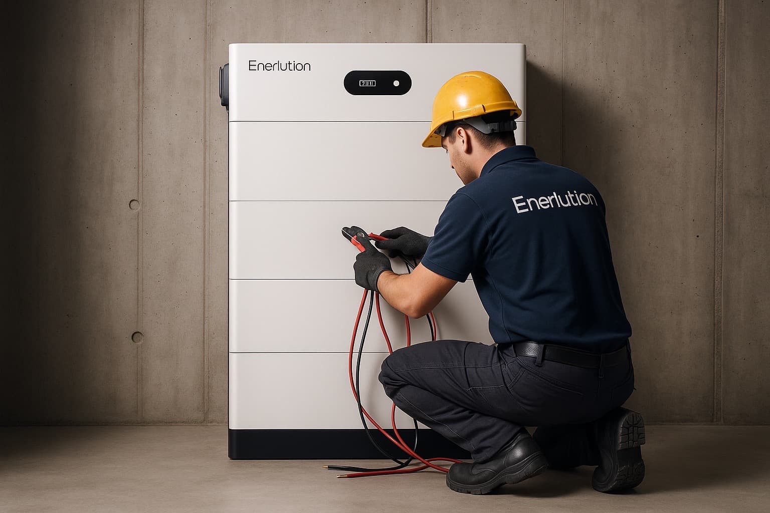 Enerlution monteur installeert modulaire thuisbatterij met professioneel gereedschap en veiligheidsuitrusting