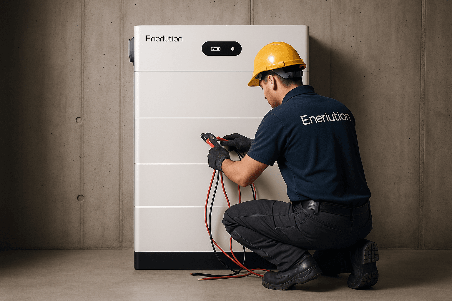 Enerlution monteur installeert modulaire batterij met professioneel gereedschap en veiligheidsuitrusting