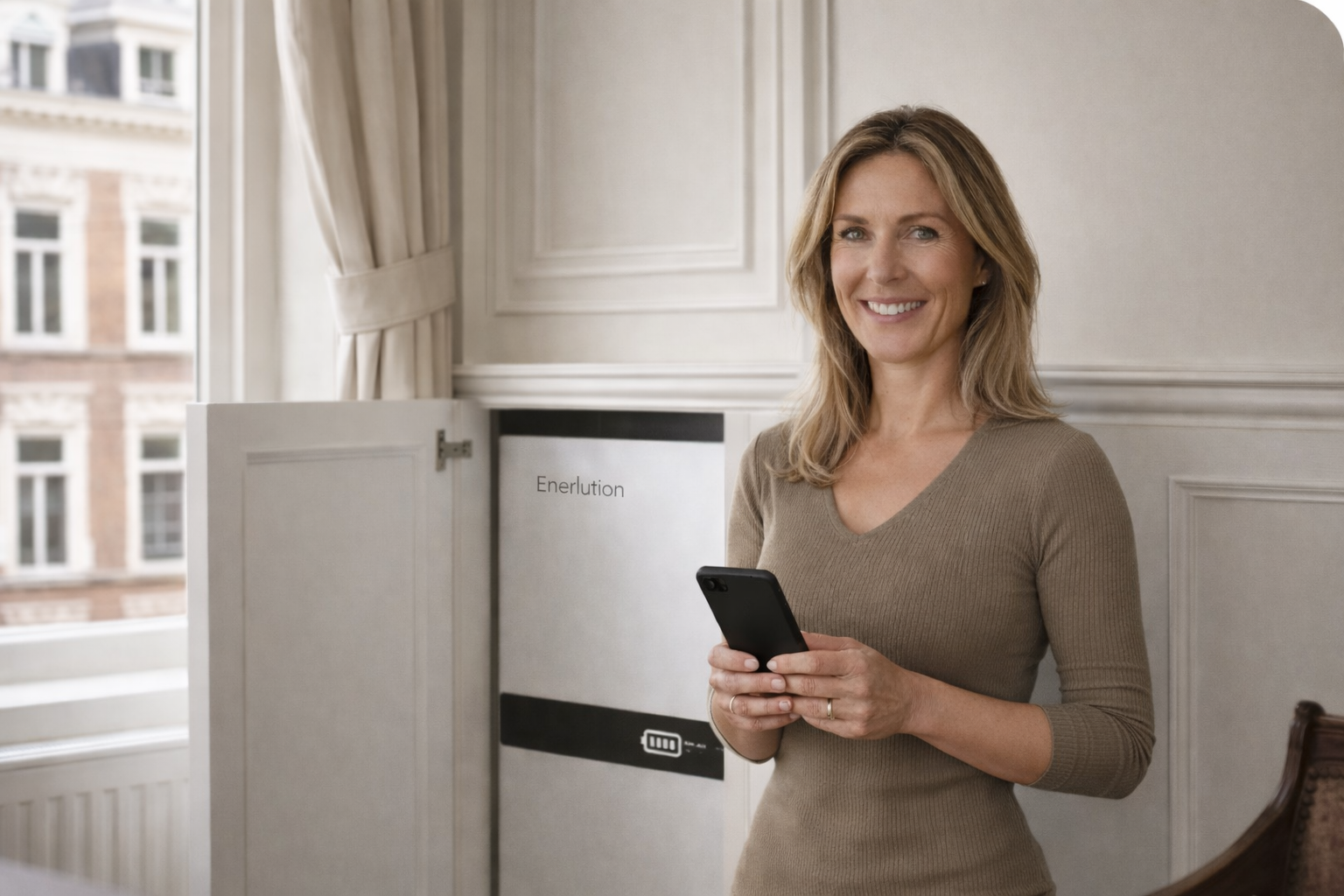 Vrouw met smartphone bij Enerlution thuisbatterij